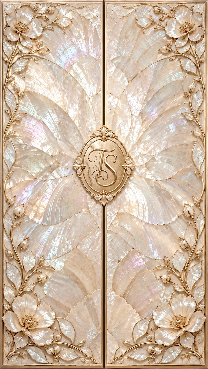 Ornate mother-of-pearl doors with an oval Timothy and Sophia seal